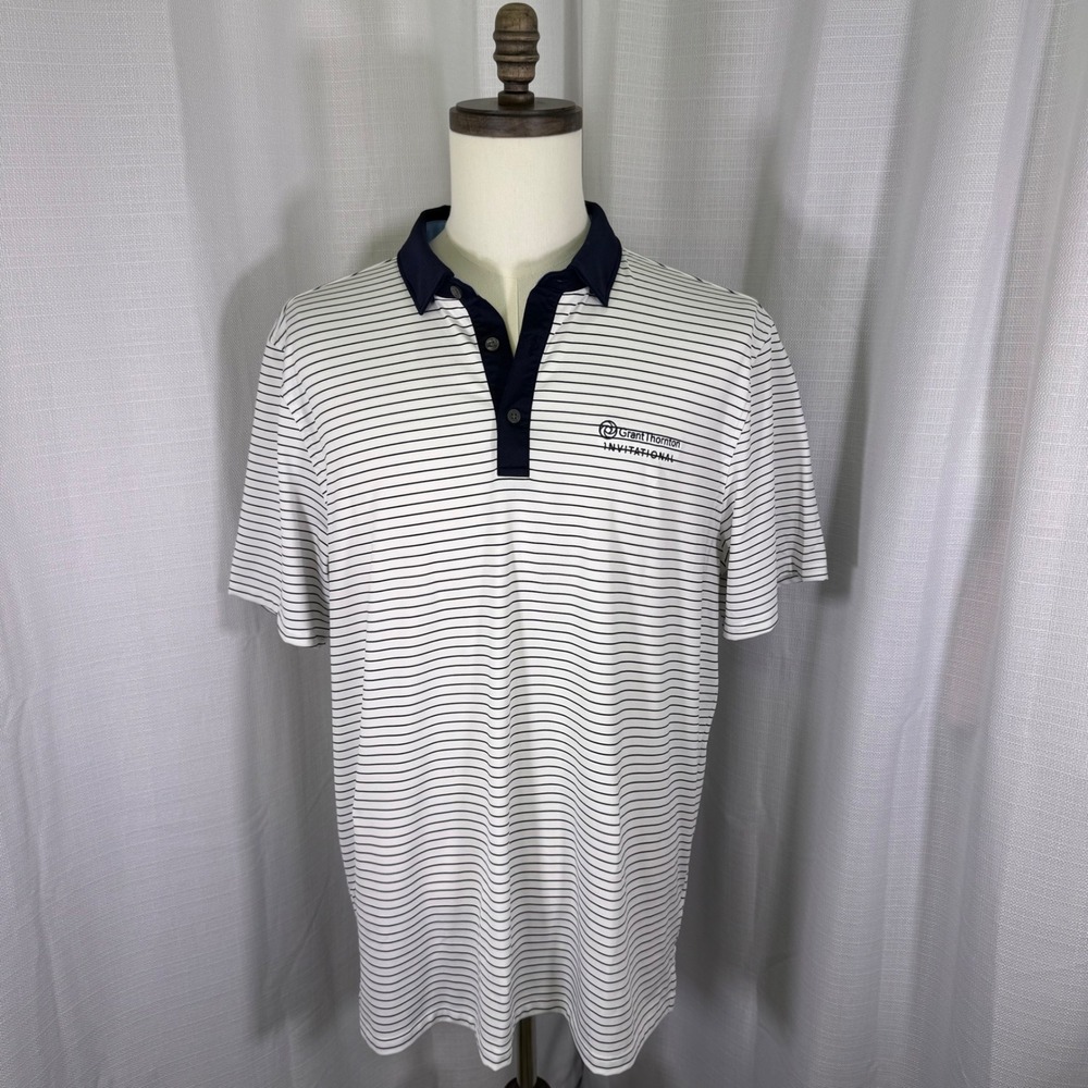 Rhone Delta Pique Polo XL Navy Striped Embroidered Grant Thornton Invitational